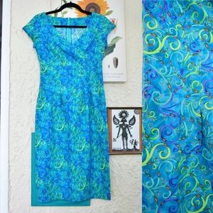 60s teal blue green peacock print wiggle dress (S)